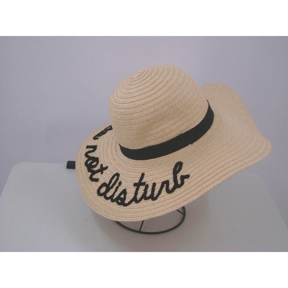 Women's Do Not Disturb Straw Floppy Sun Hat Tan Black Ribbon Wide Brim Beach